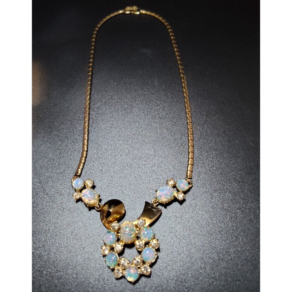 Faux Pink Opal & Clear CZ Gold Tone Vintage Necklace 1950's Beautiful Excellent.